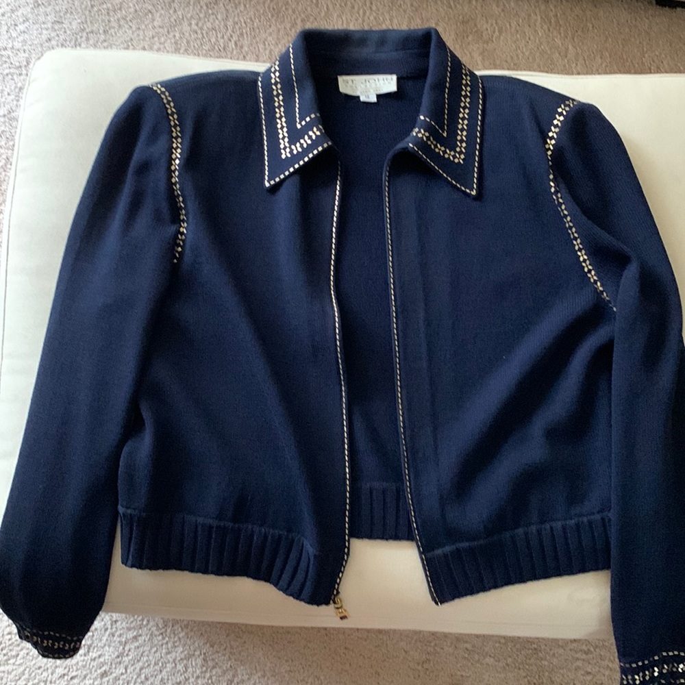 St John Knit Navy zipper top. With Beige trim accents